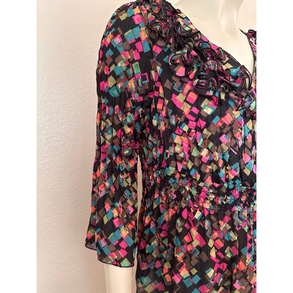 NY Collection Blouse geometric abstract colorful ruffle‎ button mature Macys M - Picture 3 of 9